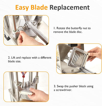 Sunvivi French Fry Cutter Stainless Steel Potato Slicer : with 2 Replaceable blades (1/2 & 3/8 Inch), Professional Fries Cutter for Potatoes, Carrots, Cucumber, Onion, Yam