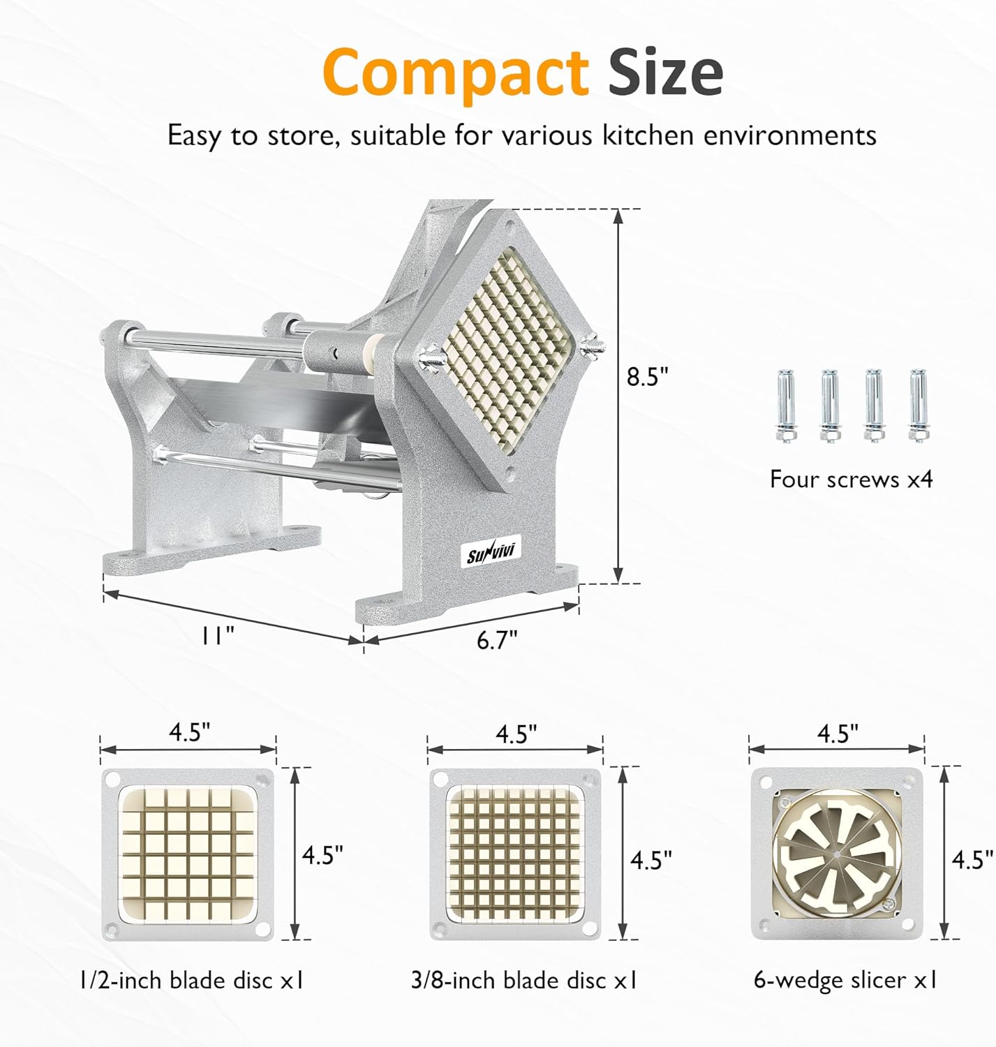 Sunvivi French Fry Cutter Stainless Steel Potato Slicer : with 2 Replaceable blades (1/2 & 3/8 Inch), Professional Fries Cutter for Potatoes, Carrots, Cucumber, Onion, Yam