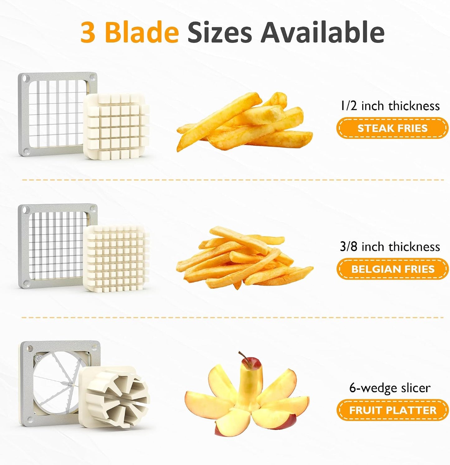 Sunvivi French Fry Cutter Stainless Steel Potato Slicer : with 2 Replaceable blades (1/2 & 3/8 Inch), Professional Fries Cutter for Potatoes, Carrots, Cucumber, Onion, Yam