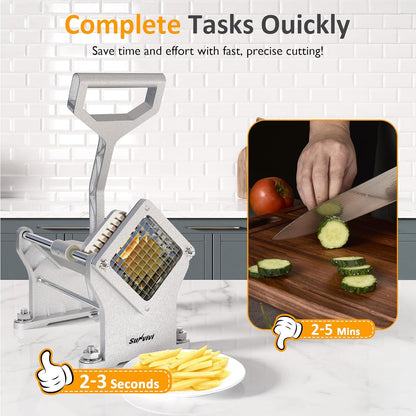 Sunvivi French Fry Cutter Stainless Steel Potato Slicer : with 2 Replaceable blades (1/2 & 3/8 Inch), Professional Fries Cutter for Potatoes, Carrots, Cucumber, Onion, Yam