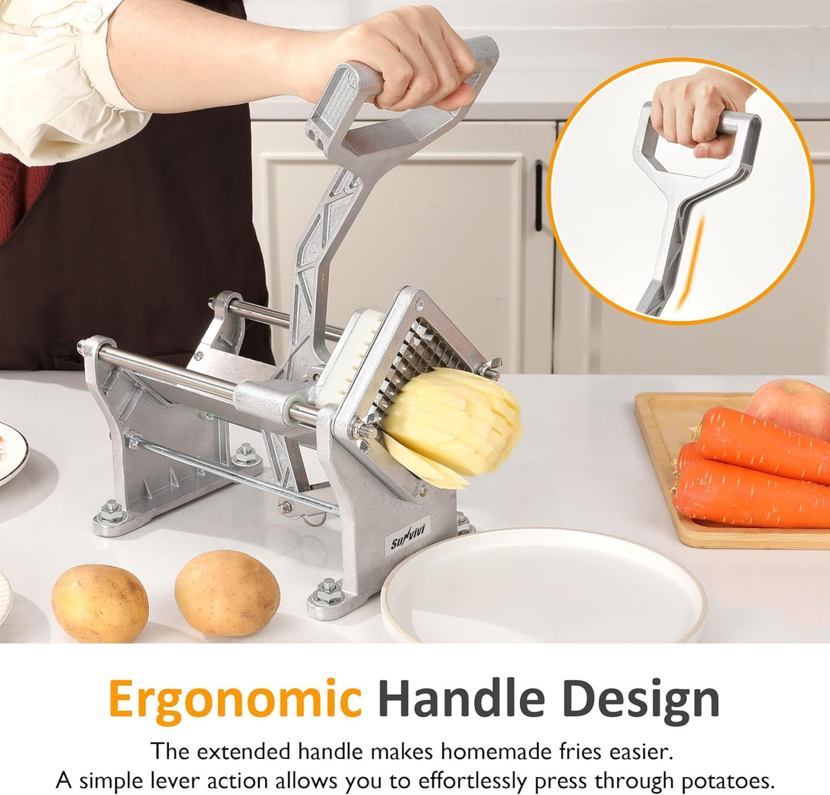 Sunvivi French Fry Cutter Stainless Steel Potato Slicer : with 2 Replaceable blades (1/2 & 3/8 Inch), Professional Fries Cutter for Potatoes, Carrots, Cucumber, Onion, Yam