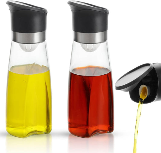 Premium Glass Olive Oil and Vinegar Dispenser Bottles Set, 2-Piece 11oz Kitchen Cooking Cruet with Auto-Open Lid, Non-Drip Pouring Spout, Oil Infuser Filter, Dishwasher Safe