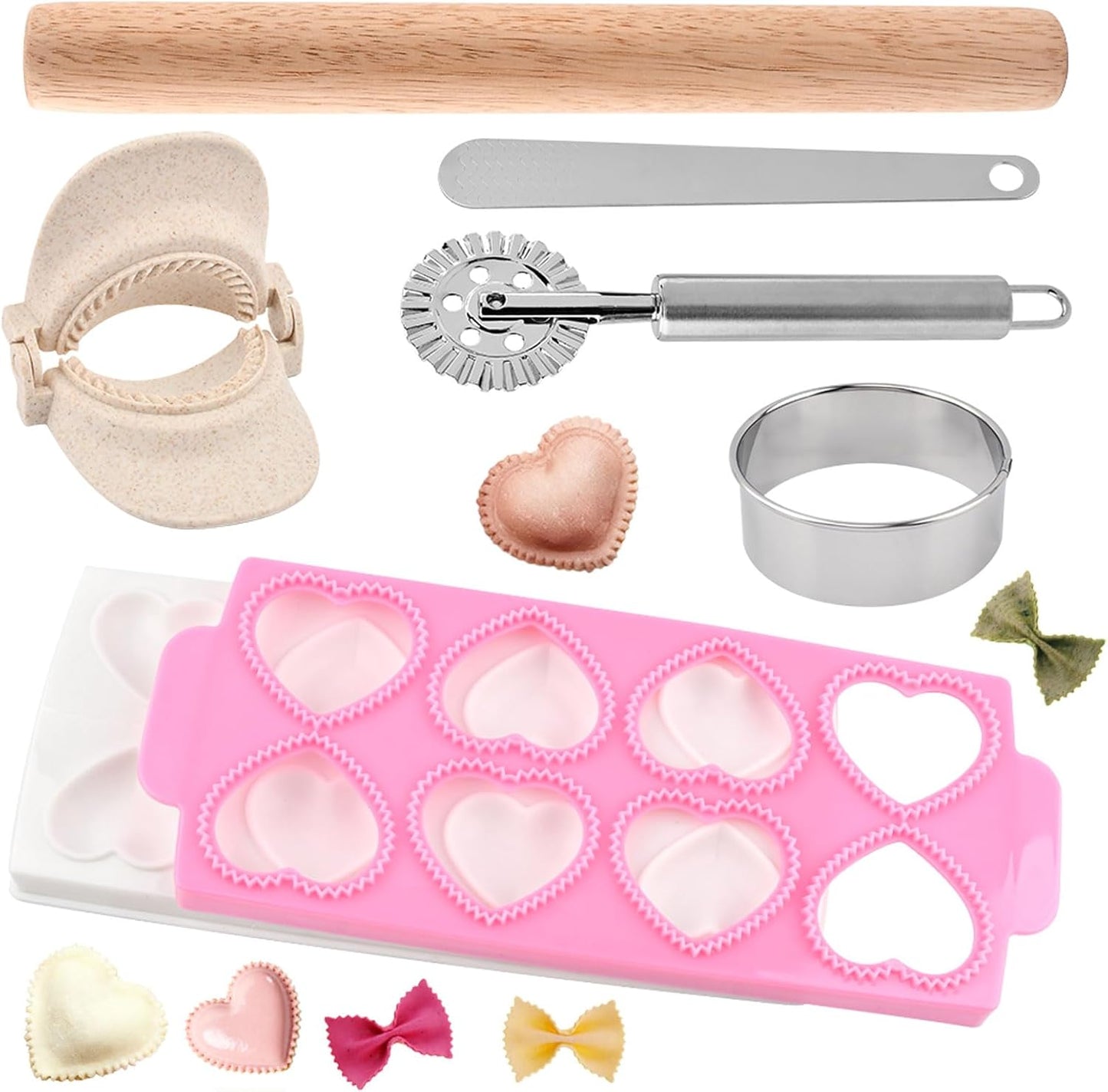 6 PCS Ravioli Maker Press, Heart Ravioli Maker Press, Stainless Steel Rolling Wheel, Wood Rolling Pin, Dumpling Maker, Dough Cutter, Filling Spoon, Easy to Use for Home Kitchen