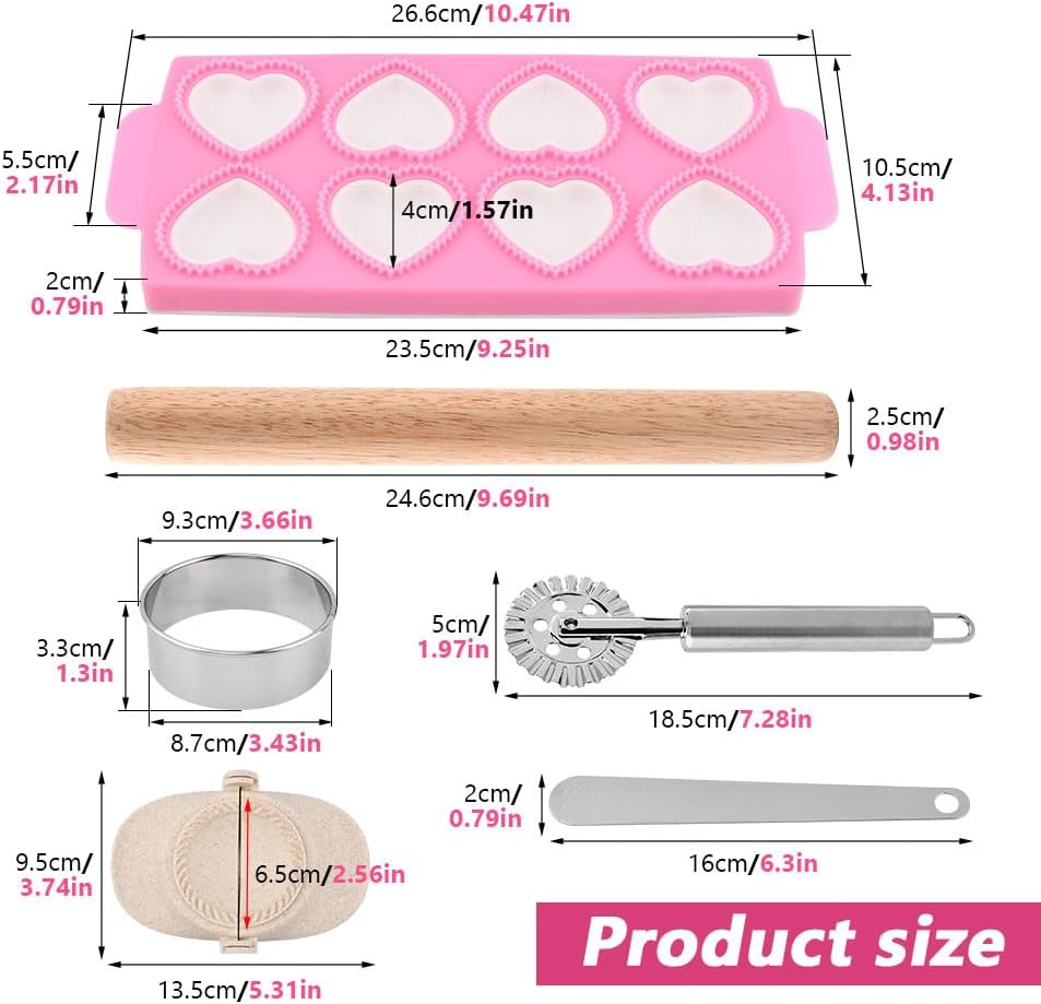6 PCS Ravioli Maker Press, Heart Ravioli Maker Press, Stainless Steel Rolling Wheel, Wood Rolling Pin, Dumpling Maker, Dough Cutter, Filling Spoon, Easy to Use for Home Kitchen