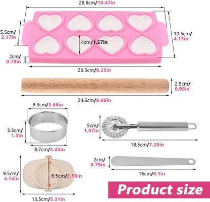 6 PCS Ravioli Maker Press, Heart Ravioli Maker Press, Stainless Steel Rolling Wheel, Wood Rolling Pin, Dumpling Maker, Dough Cutter, Filling Spoon, Easy to Use for Home Kitchen