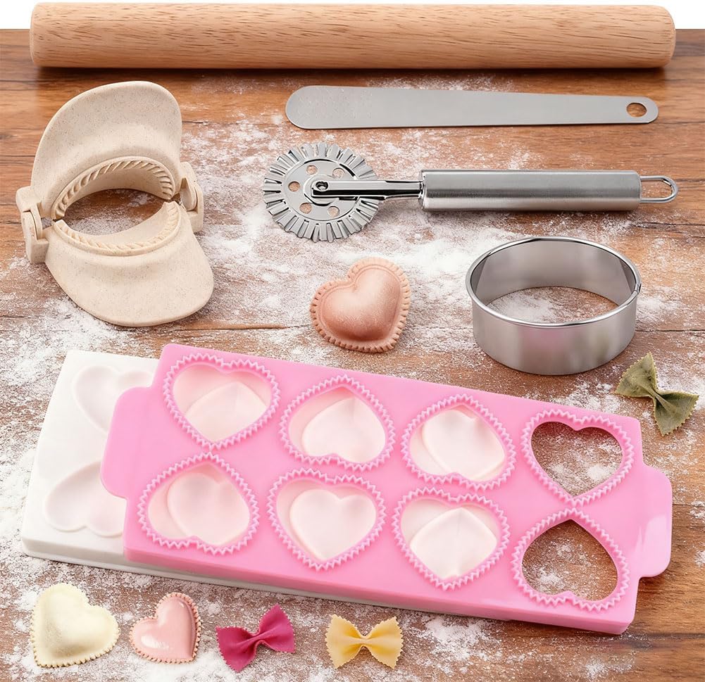 6 PCS Ravioli Maker Press, Heart Ravioli Maker Press, Stainless Steel Rolling Wheel, Wood Rolling Pin, Dumpling Maker, Dough Cutter, Filling Spoon, Easy to Use for Home Kitchen