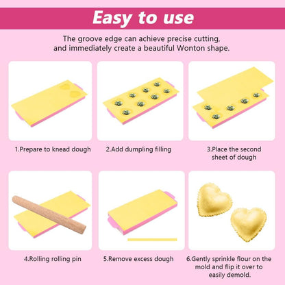 6 PCS Ravioli Maker Press, Heart Ravioli Maker Press, Stainless Steel Rolling Wheel, Wood Rolling Pin, Dumpling Maker, Dough Cutter, Filling Spoon, Easy to Use for Home Kitchen