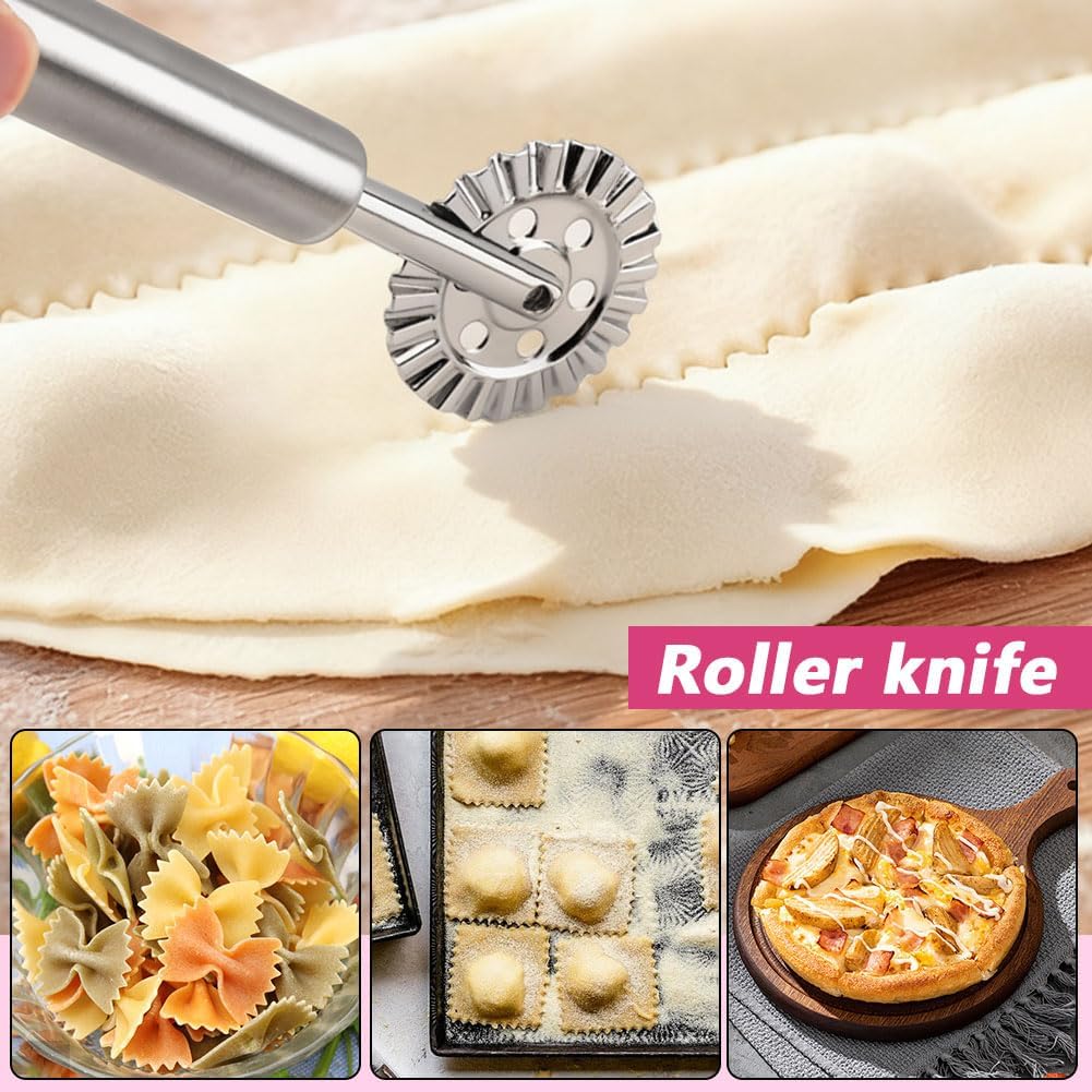 6 PCS Ravioli Maker Press, Heart Ravioli Maker Press, Stainless Steel Rolling Wheel, Wood Rolling Pin, Dumpling Maker, Dough Cutter, Filling Spoon, Easy to Use for Home Kitchen