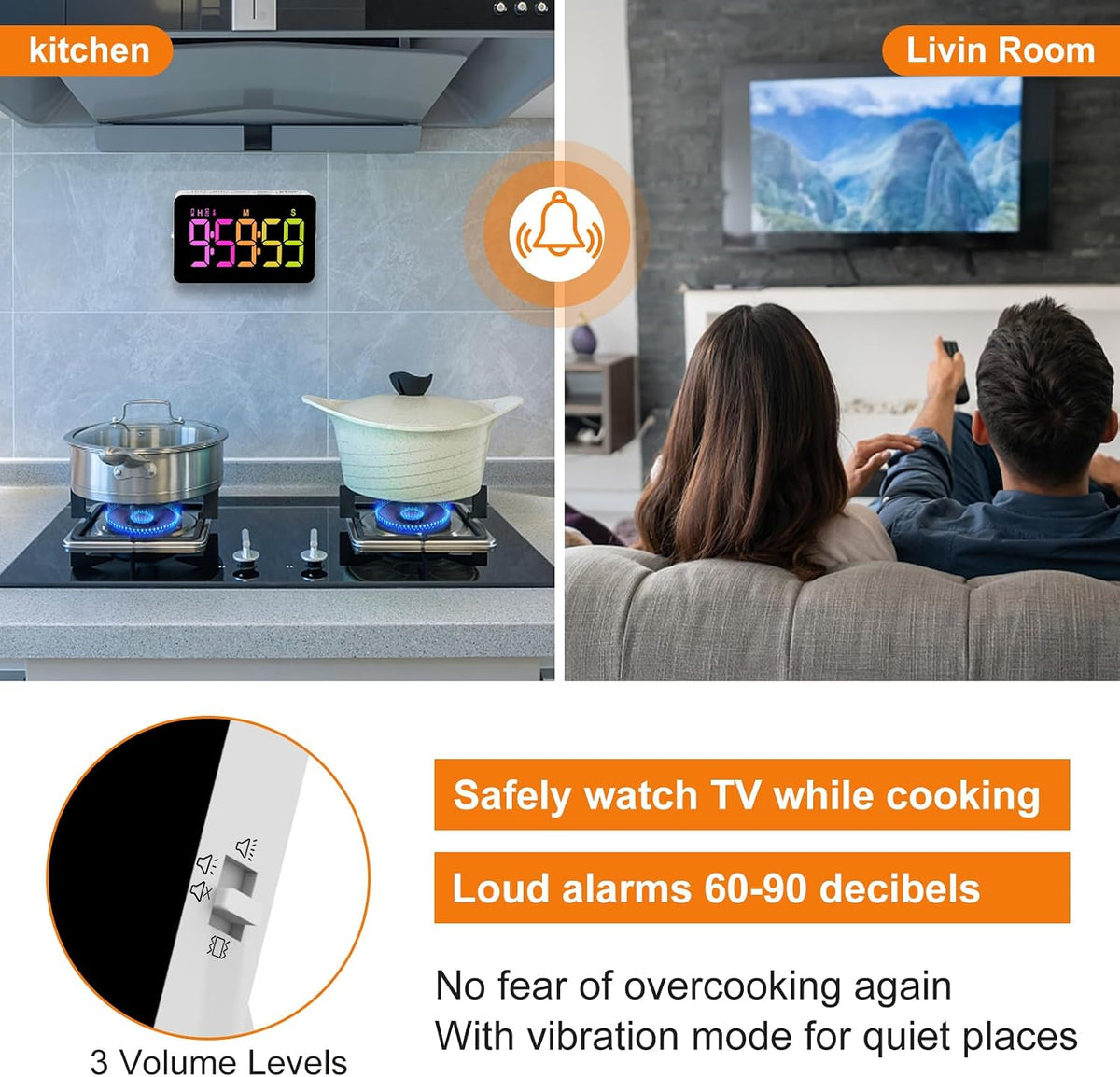 Kitchen Digital Timer, Count Down Up, Rechargeable, Vibration Mode
