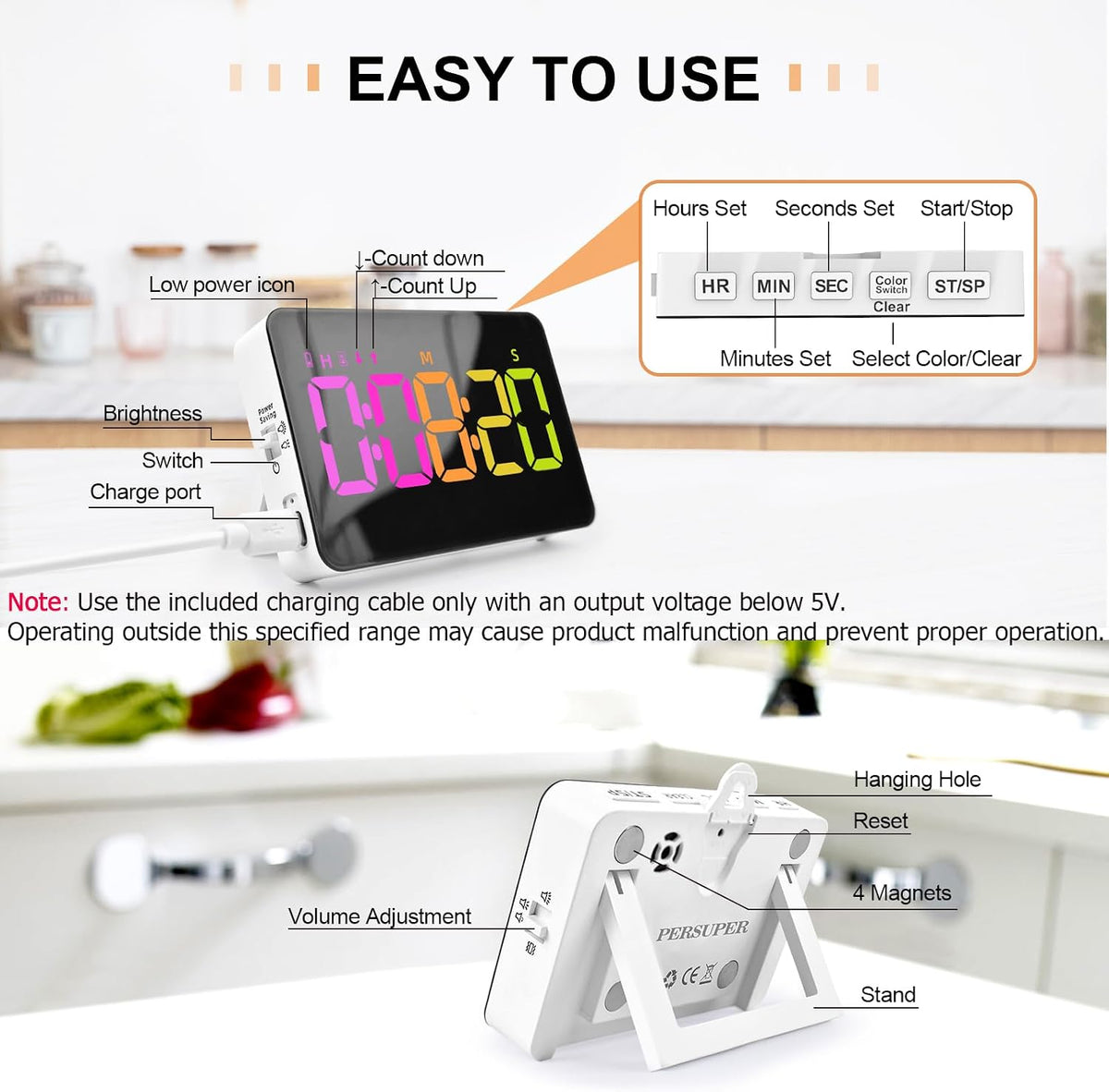 Kitchen Digital Timer, Count Down Up, Rechargeable, Vibration Mode