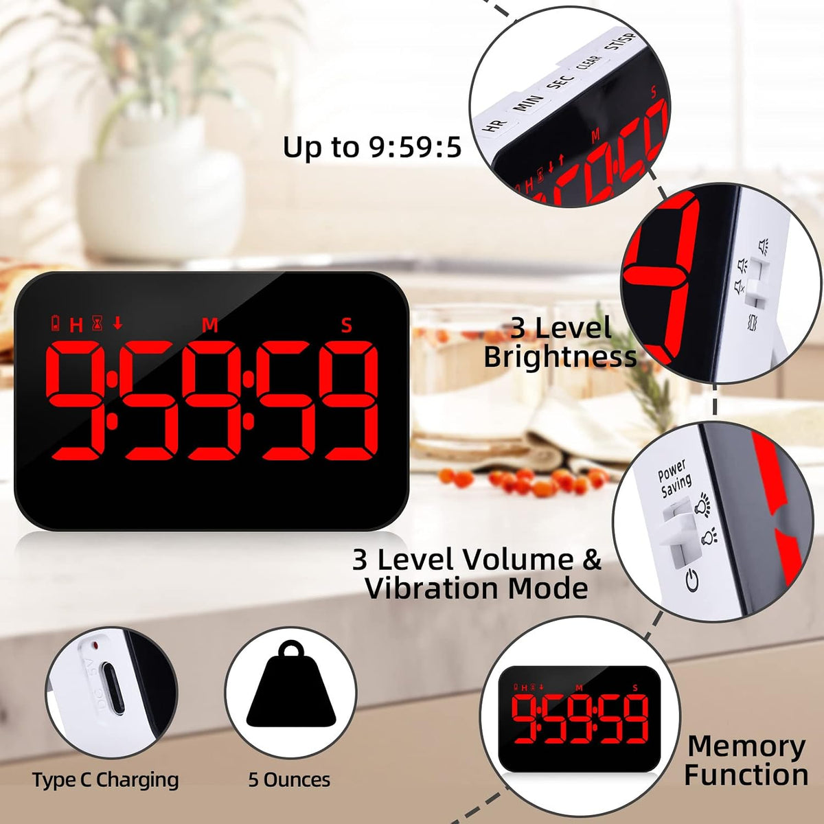 Kitchen Digital Timer, Count Down Up, Rechargeable, Vibration Mode