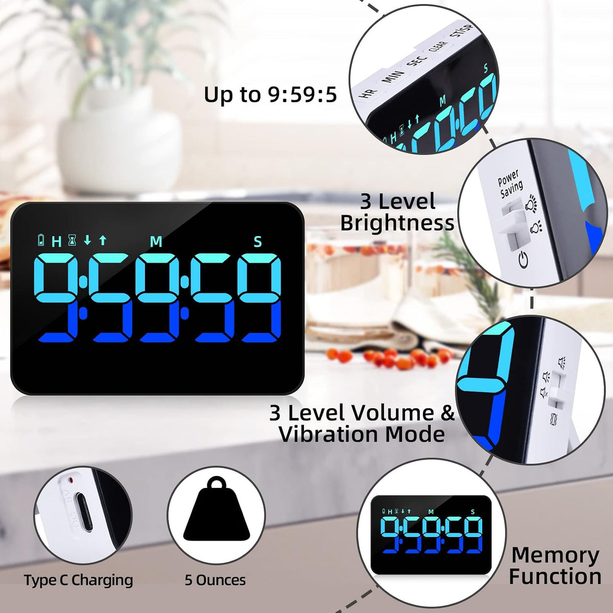 Kitchen Digital Timer, Count Down Up, Rechargeable, Vibration Mode