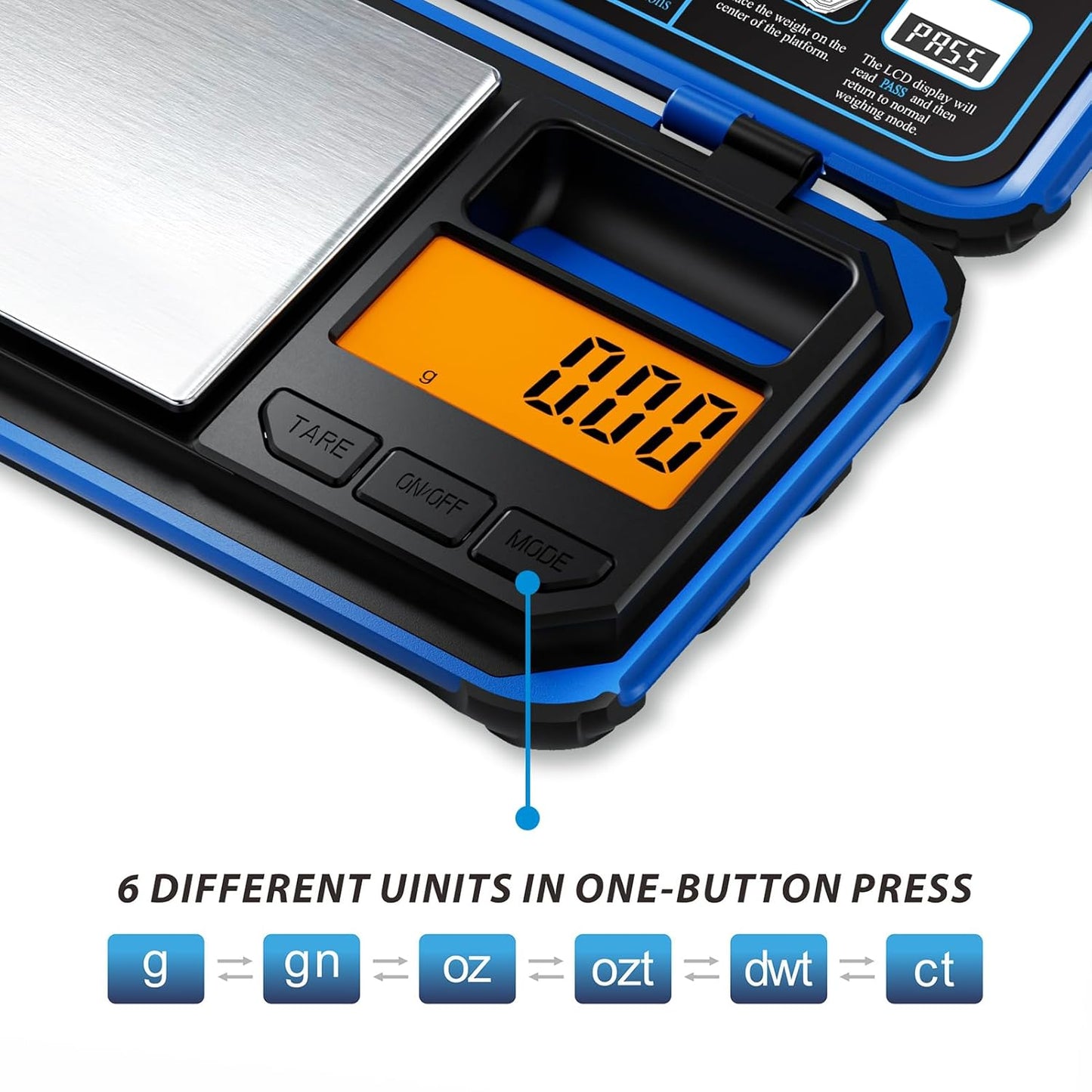 Precision Pocket Scale, 200gx0.01g Jewelry gram Scale | Digital food scale with LCD display, 6 unit conversions, mini kitchen/powder/coffee/coin scale (blue)