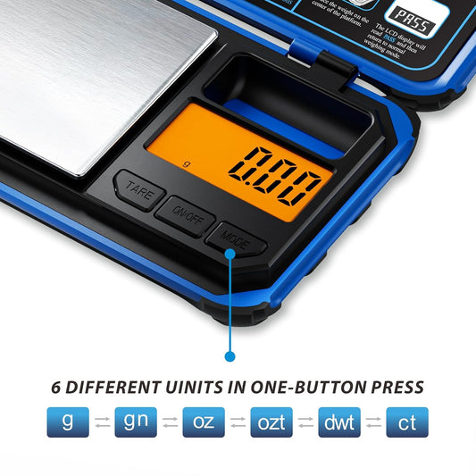 Precision Pocket Scale, 200gx0.01g Jewelry gram Scale | Digital food scale with LCD display, 6 unit conversions, mini kitchen/powder/coffee/coin scale (blue)