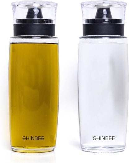 Roen 2pcs Olive Oil and Vinegar Dispenser Set with Labeling Stickers - 10oz 300mL Glass Bottles for Kitchen Oils, Vinegar, Syrup, and Condiments - Cruet Oil Dispenser Bottle (V2, 2), Clear