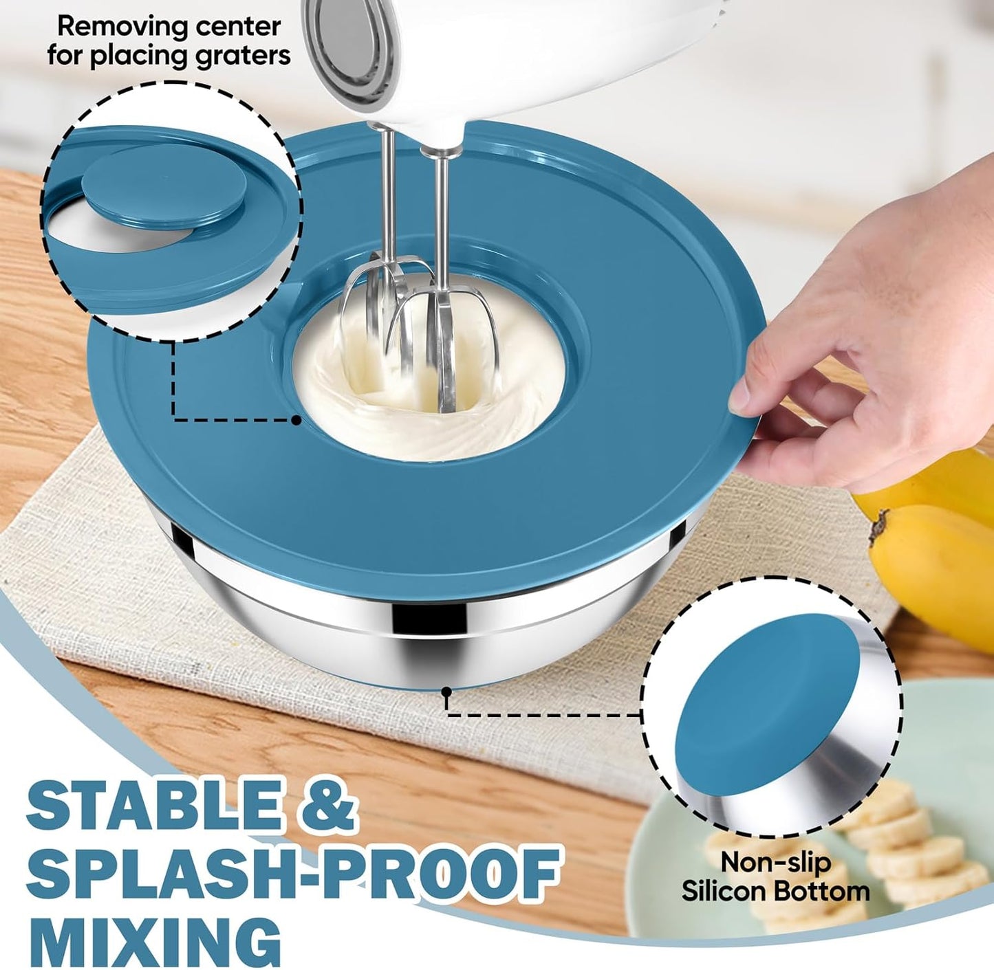 25PCS Mixing Bowls with Lid Set, Stainless Steel Nesting Prep Bowls with Grater Attachments Non-Slip Bottoms for Cooking, Baking, Serving, Food Storage, 4.6/2.6/2/1.5/1/0.7QT - Blue