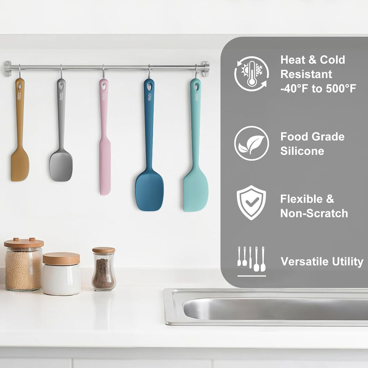 5-Piece Food-Grade Silicone Spatula Set for Baking, Heat-Resistant | Dishwasher safe, nonstick surface, for cooking and kitchen use, flexible rubber spatulas, 5 kitchen tools