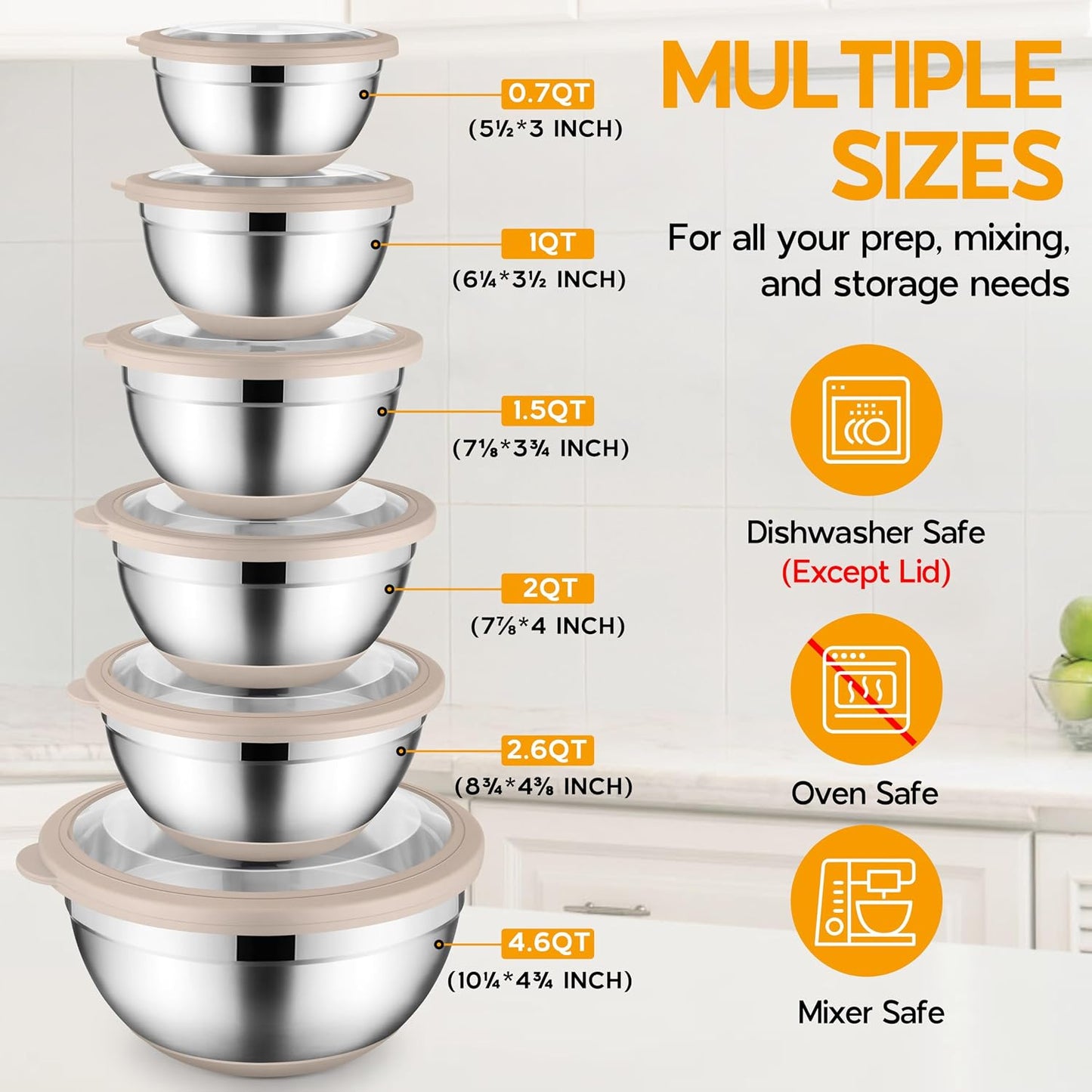 Mixing Bowls with Lids Set of 6, Large Metal Nesting Mixing Bowls, Stainless Steel Non-Slip Salad Bowl Khaki – Size 0.7, 1, 1.5, 2, 2.6, 4.6QT