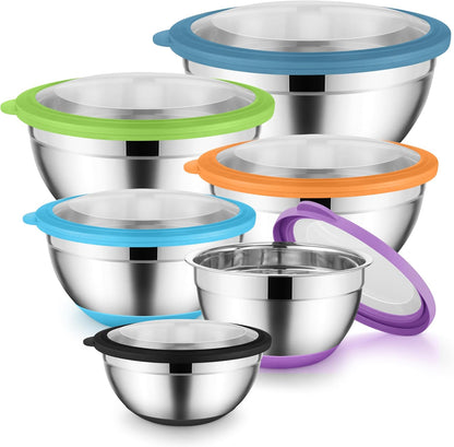 Mixing Bowls with Lids Set of 6, Large Metal Nesting Mixing Bowls, Stainless Steel Non-Slip Salad Bowl Khaki – Size 0.7, 1, 1.5, 2, 2.6, 4.6QT