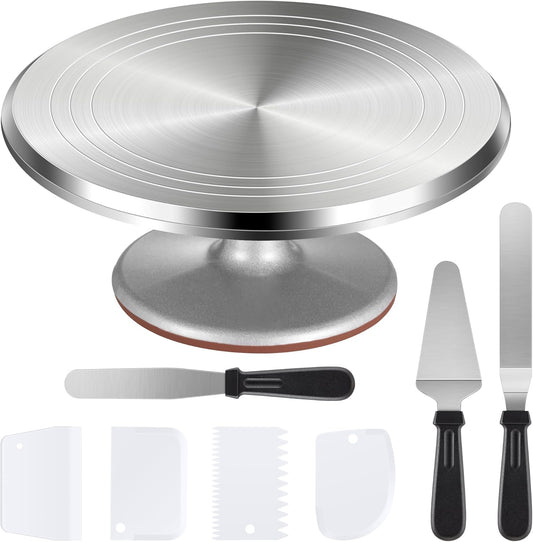 Cake Turntable, 12'' Aluminium Alloy Cake Stand, Cake Decorating Kit with 3 Icing Spatulas and 4 Icing Combs, Cake Decorating Supplies for Cake, Cupcake, Desserts