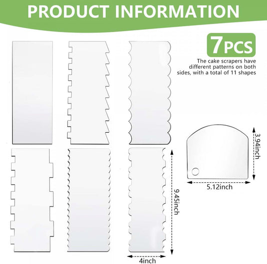 7 Pcs Acrylic Cake Scraper 9.5 Inch Large Icing Cream Frosting Smoother Comb Double Sided Patterned Edge Stripe for Cake Decorating Mousse Butter Baking Projects