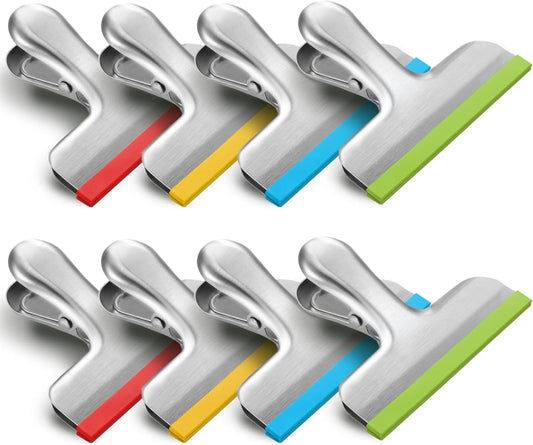 8 Pack Stainless Steel Chip Bag Clips Covered with Silicone - NO More Sharp Edges - Color Coded for Food Bags - Air Tight Seal, Heavy Duty for Kitchen and Office, 3 Inches