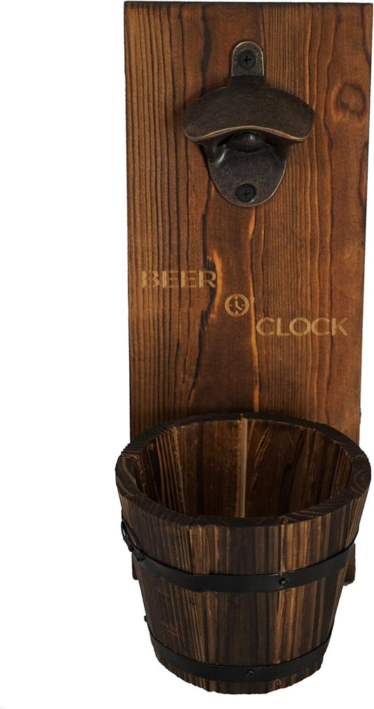 “Beer O’ Clock” Rustic Wall Mounted Bottle Opener and Catcher - Dark Stain Pine with Zinc Alloy Opener - Removable Wooden Bucket - Man (or Woman) Cave Ready