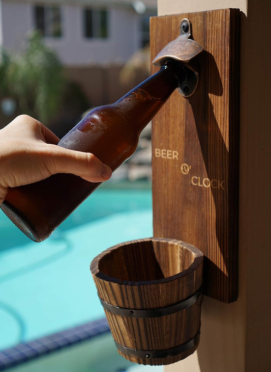 “Beer O’ Clock” Rustic Wall Mounted Bottle Opener and Catcher - Dark Stain Pine with Zinc Alloy Opener - Removable Wooden Bucket - Man (or Woman) Cave Ready