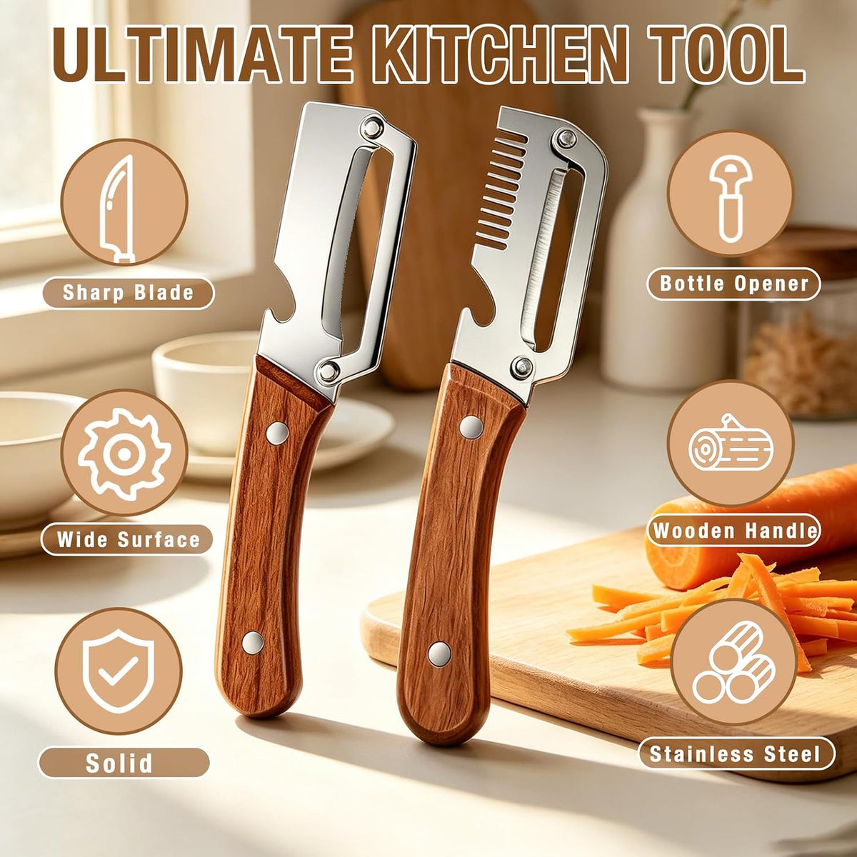 Multifunctional Vegetable Peeler 3-in-1, Julienne Peeler, Fruit Peeler Knife with Ergonomic Wood Handle, Stainless Steel Blade for Efficient Peeling, Grating & Slicing（2PCS)