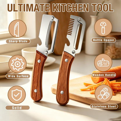 Multifunctional Vegetable Peeler 3-in-1, Julienne Peeler, Fruit Peeler Knife with Ergonomic Wood Handle, Stainless Steel Blade for Efficient Peeling, Grating & Slicing（2PCS)