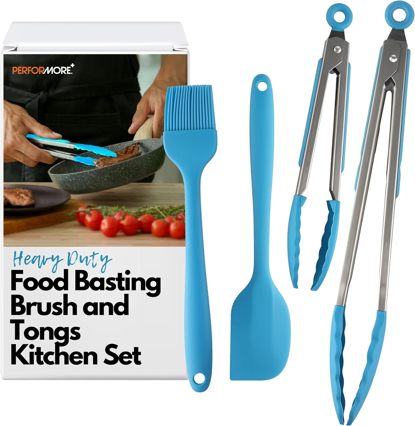 Performore Heavy Duty Silicone Food Basting Brush and Tongs Kitchen Set, Heat Resistant with Stainless Steel for BBQ Grill, Soft Bristles and Long Handle, 2 Tongs, 1 Brush, and 1 Spatula (4 in 1 Set)