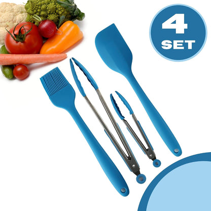 Performore Heavy Duty Silicone Food Basting Brush and Tongs Kitchen Set, Heat Resistant with Stainless Steel for BBQ Grill, Soft Bristles and Long Handle, 2 Tongs, 1 Brush, and 1 Spatula (4 in 1 Set)