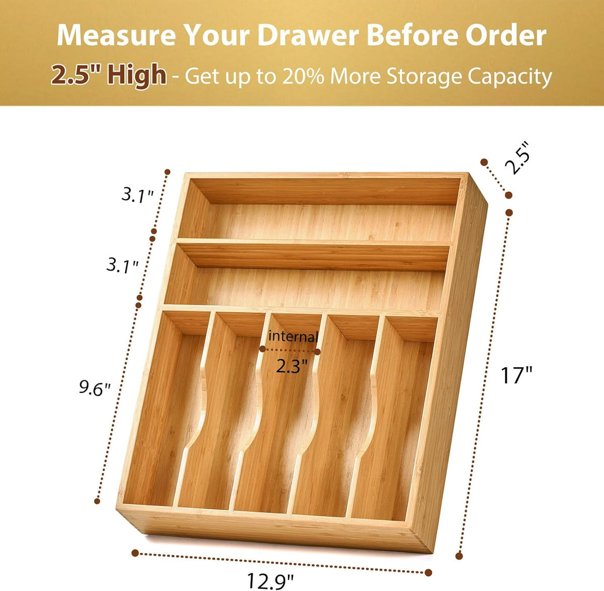 Bamboo Kitchen Drawer Organizer, 13 Inch Silverware Utensil Tray Holder, Extra Deep Grooved Drawer Divider, 7 Slots Total Bamboo Wood Caddy for Flatware Cutlery Knives, Forks, Spoons
