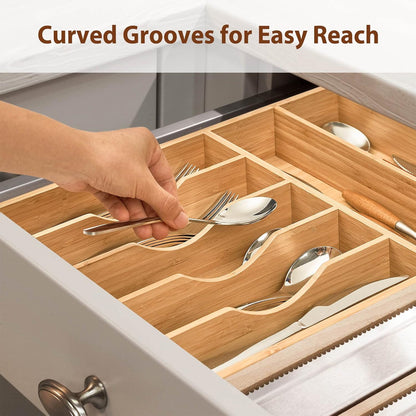 Bamboo Kitchen Drawer Organizer, 13 Inch Silverware Utensil Tray Holder, Extra Deep Grooved Drawer Divider, 7 Slots Total Bamboo Wood Caddy for Flatware Cutlery Knives, Forks, Spoons