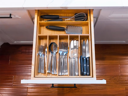Bamboo Kitchen Drawer Organizer, 13 Inch Silverware Utensil Tray Holder, Extra Deep Grooved Drawer Divider, 7 Slots Total Bamboo Wood Caddy for Flatware Cutlery Knives, Forks, Spoons