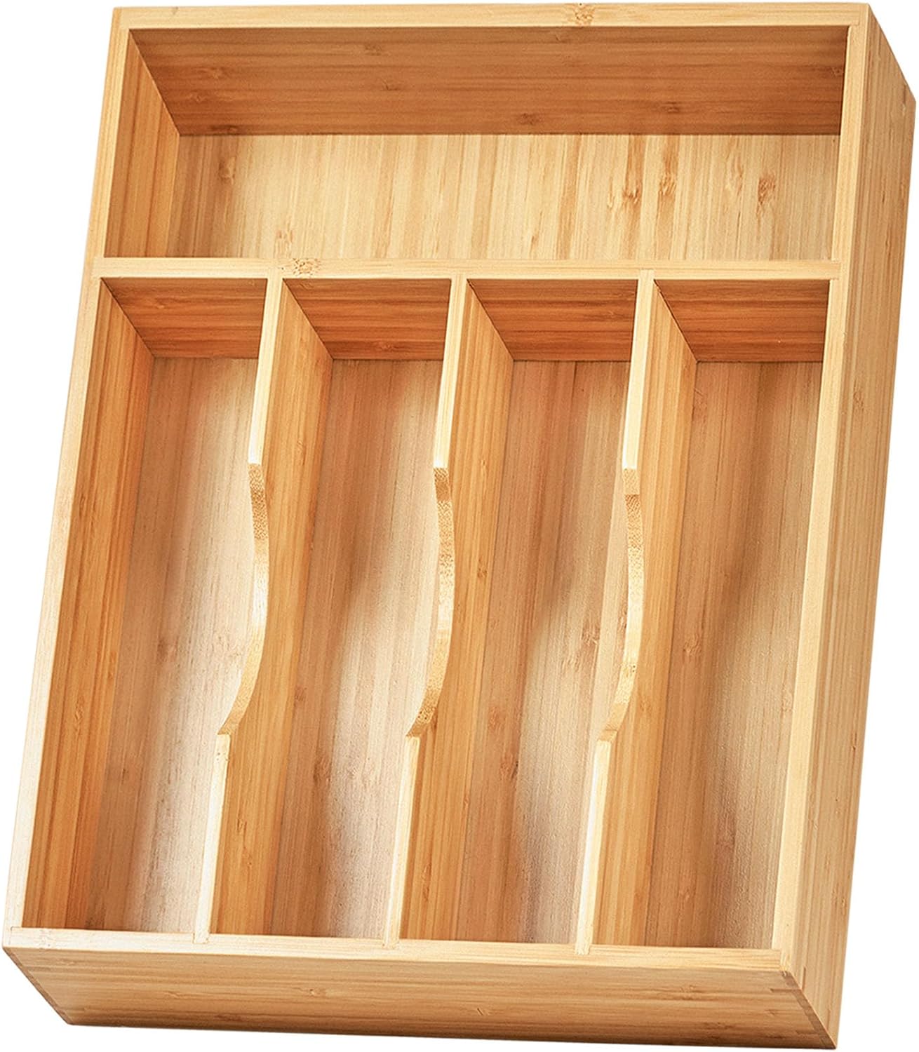 Bamboo Kitchen Drawer Organizer, 13 Inch Silverware Utensil Tray Holder, Extra Deep Grooved Drawer Divider, 7 Slots Total Bamboo Wood Caddy for Flatware Cutlery Knives, Forks, Spoons