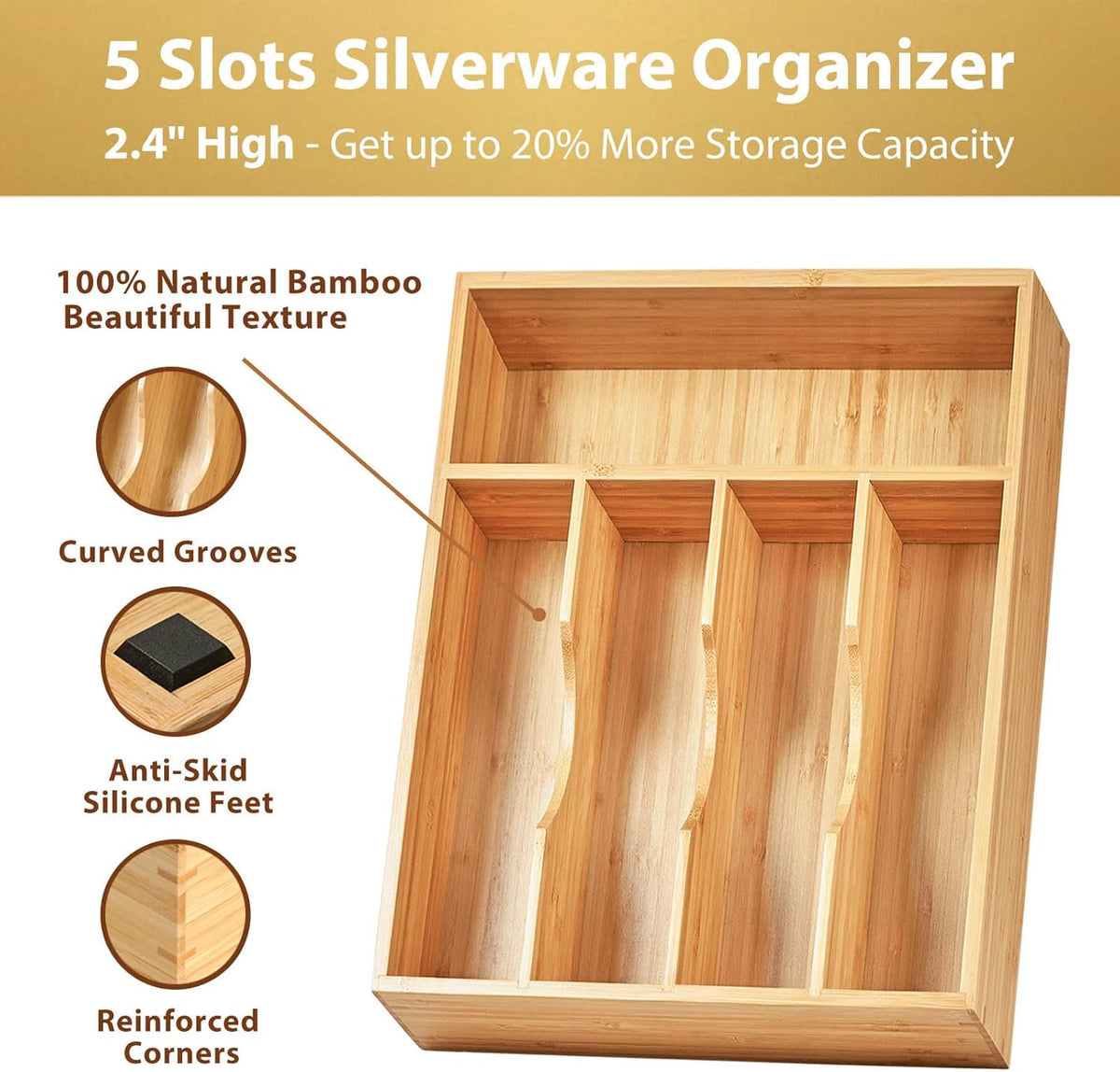 Bamboo Kitchen Drawer Organizer, 13 Inch Silverware Utensil Tray Holder, Extra Deep Grooved Drawer Divider, 7 Slots Total Bamboo Wood Caddy for Flatware Cutlery Knives, Forks, Spoons