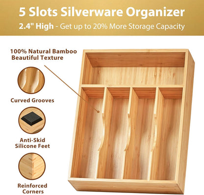 Bamboo Kitchen Drawer Organizer, 13 Inch Silverware Utensil Tray Holder, Extra Deep Grooved Drawer Divider, 7 Slots Total Bamboo Wood Caddy for Flatware Cutlery Knives, Forks, Spoons