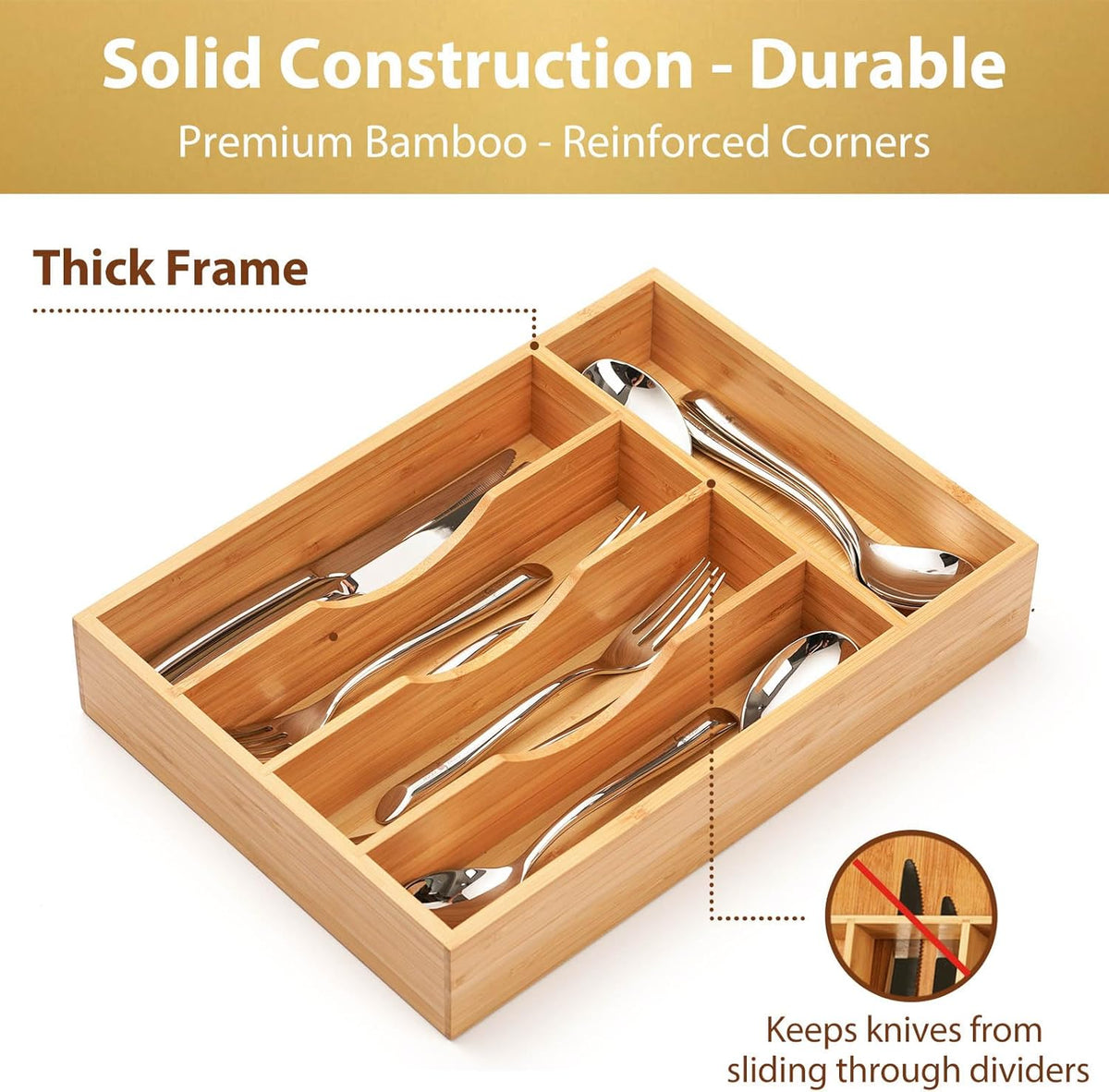 Bamboo Kitchen Drawer Organizer, 13 Inch Silverware Utensil Tray Holder, Extra Deep Grooved Drawer Divider, 7 Slots Total Bamboo Wood Caddy for Flatware Cutlery Knives, Forks, Spoons