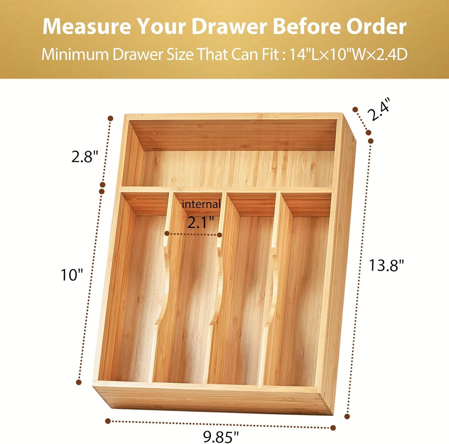 Bamboo Kitchen Drawer Organizer, 13 Inch Silverware Utensil Tray Holder, Extra Deep Grooved Drawer Divider, 7 Slots Total Bamboo Wood Caddy for Flatware Cutlery Knives, Forks, Spoons