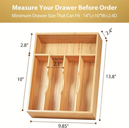 Bamboo Kitchen Drawer Organizer, 13 Inch Silverware Utensil Tray Holder, Extra Deep Grooved Drawer Divider, 7 Slots Total Bamboo Wood Caddy for Flatware Cutlery Knives, Forks, Spoons