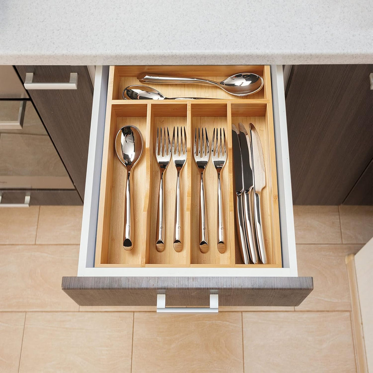 Bamboo Kitchen Drawer Organizer, 13 Inch Silverware Utensil Tray Holder, Extra Deep Grooved Drawer Divider, 7 Slots Total Bamboo Wood Caddy for Flatware Cutlery Knives, Forks, Spoons