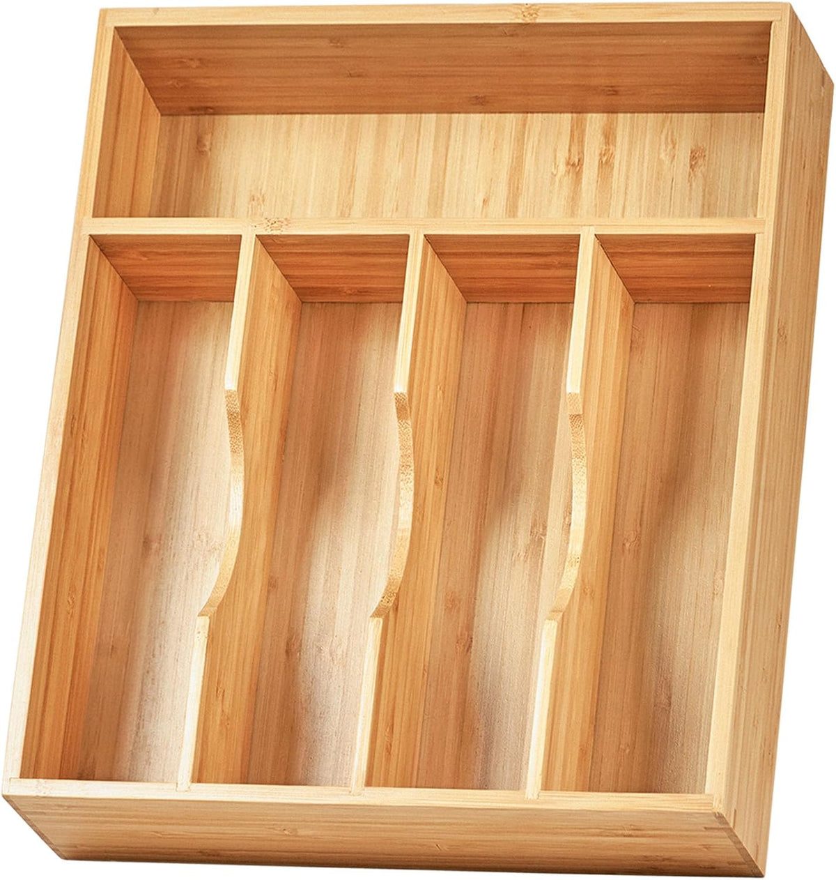 Bamboo Kitchen Drawer Organizer, 13 Inch Silverware Utensil Tray Holder, Extra Deep Grooved Drawer Divider, 7 Slots Total Bamboo Wood Caddy for Flatware Cutlery Knives, Forks, Spoons