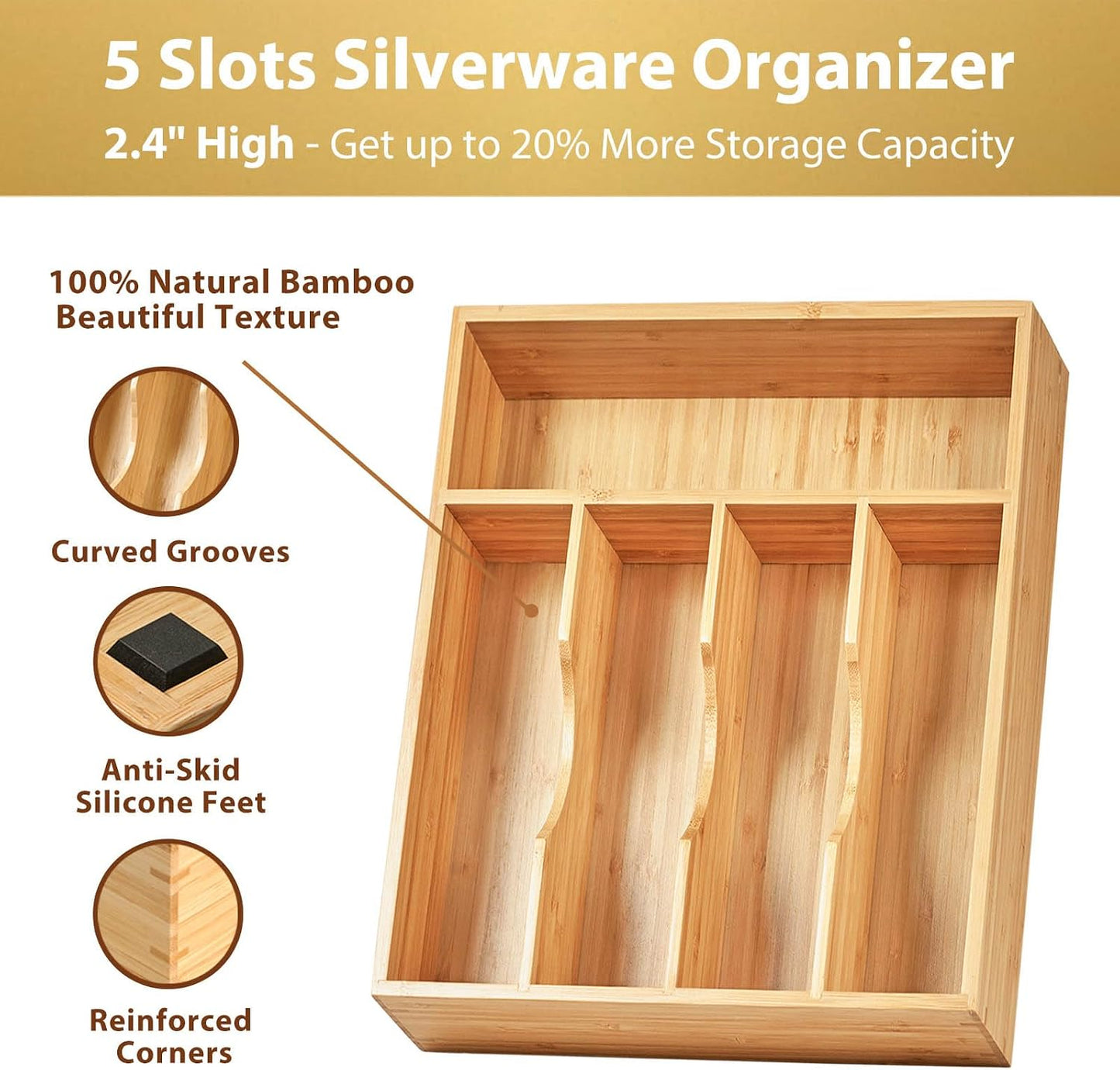 Bamboo Kitchen Drawer Organizer, 13 Inch Silverware Utensil Tray Holder, Extra Deep Grooved Drawer Divider, 7 Slots Total Bamboo Wood Caddy for Flatware Cutlery Knives, Forks, Spoons