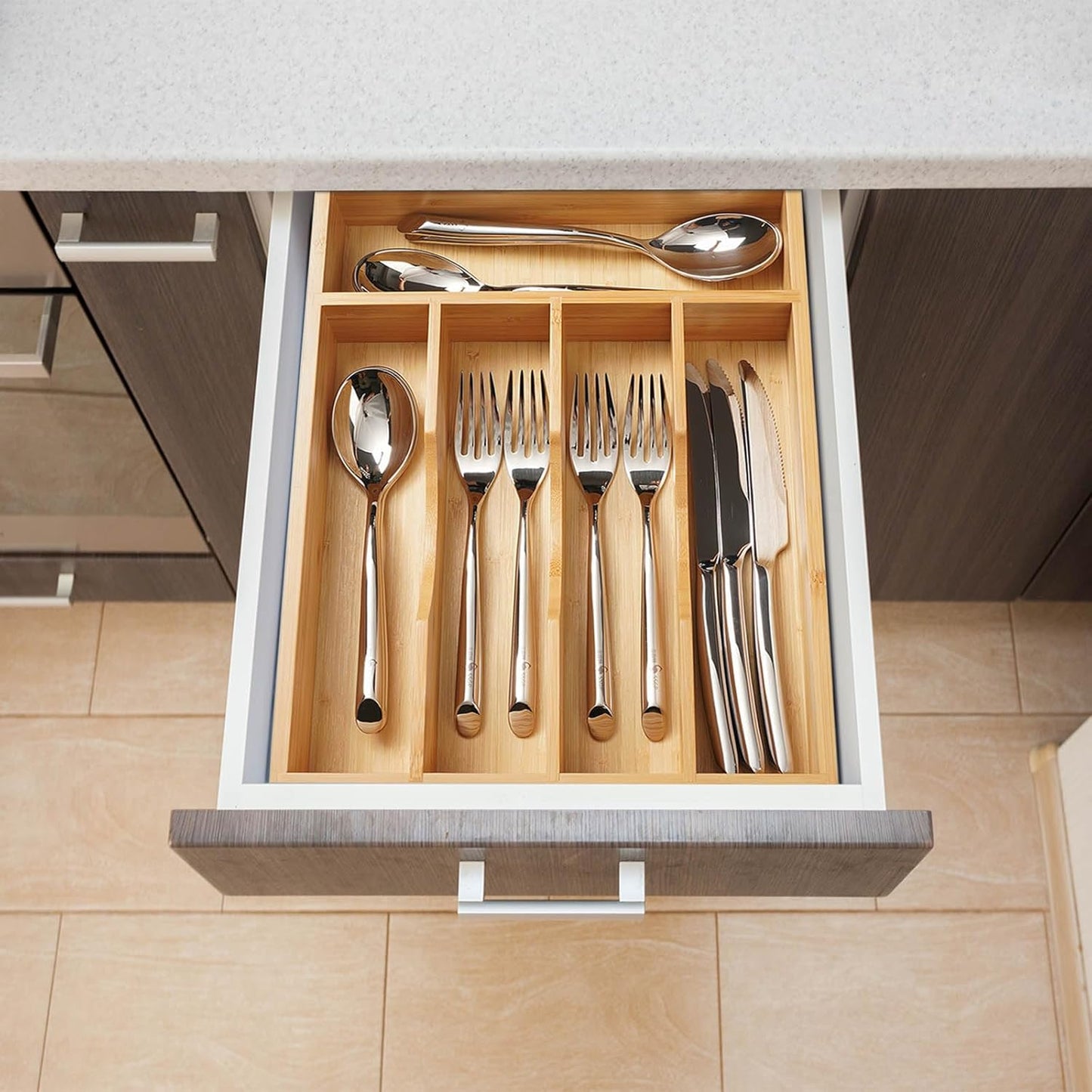 Bamboo Kitchen Drawer Organizer, 13 Inch Silverware Utensil Tray Holder, Extra Deep Grooved Drawer Divider, 7 Slots Total Bamboo Wood Caddy for Flatware Cutlery Knives, Forks, Spoons