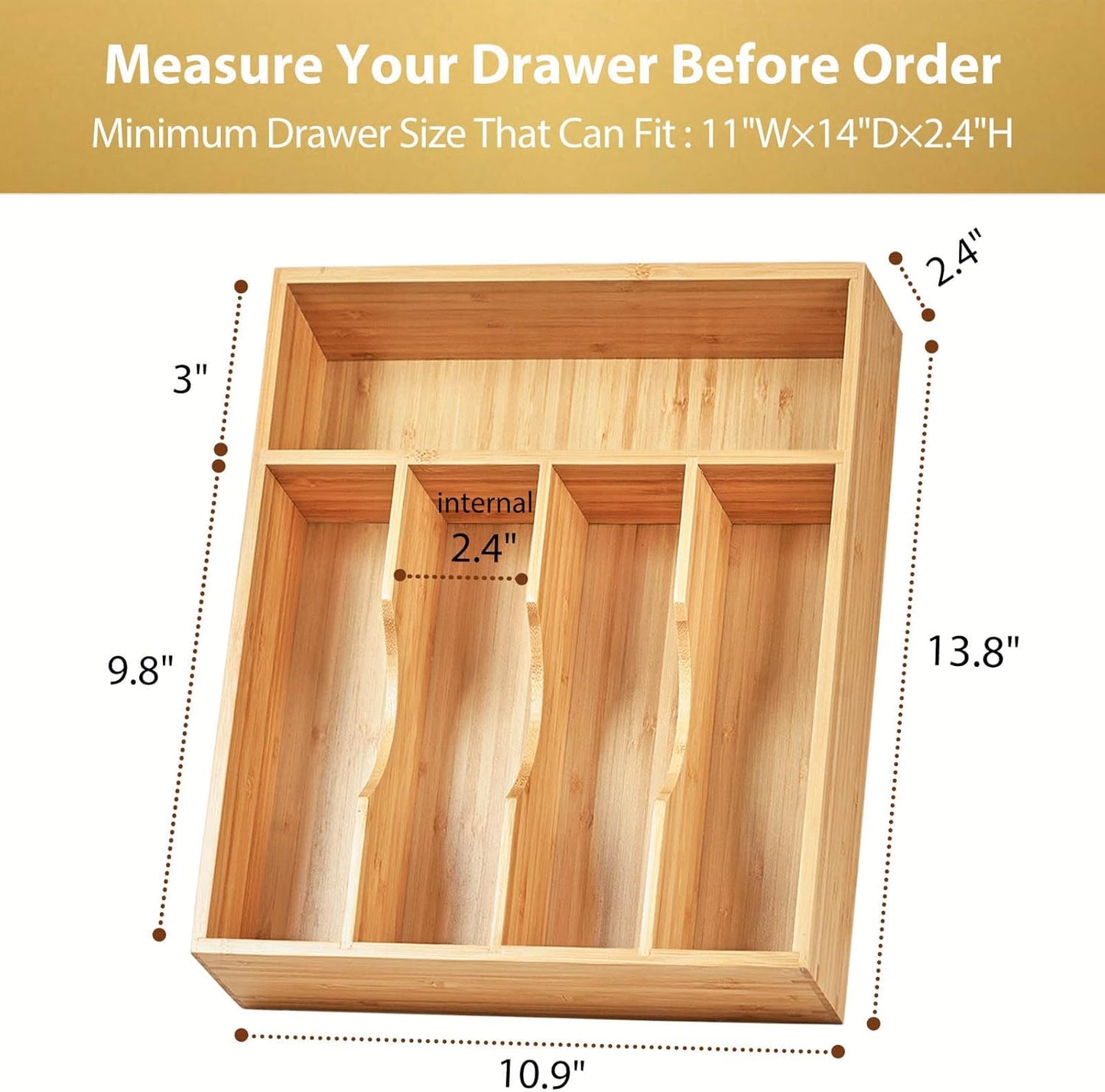 Bamboo Kitchen Drawer Organizer, 13 Inch Silverware Utensil Tray Holder, Extra Deep Grooved Drawer Divider, 7 Slots Total Bamboo Wood Caddy for Flatware Cutlery Knives, Forks, Spoons