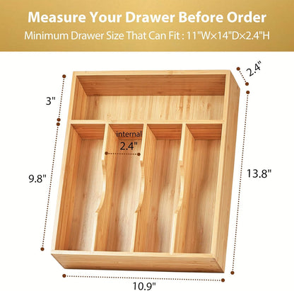 Bamboo Kitchen Drawer Organizer, 13 Inch Silverware Utensil Tray Holder, Extra Deep Grooved Drawer Divider, 7 Slots Total Bamboo Wood Caddy for Flatware Cutlery Knives, Forks, Spoons