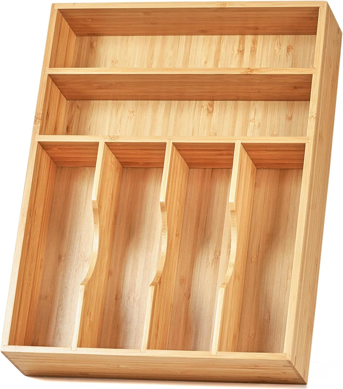 Bamboo Kitchen Drawer Organizer, 13 Inch Silverware Utensil Tray Holder, Extra Deep Grooved Drawer Divider, 7 Slots Total Bamboo Wood Caddy for Flatware Cutlery Knives, Forks, Spoons