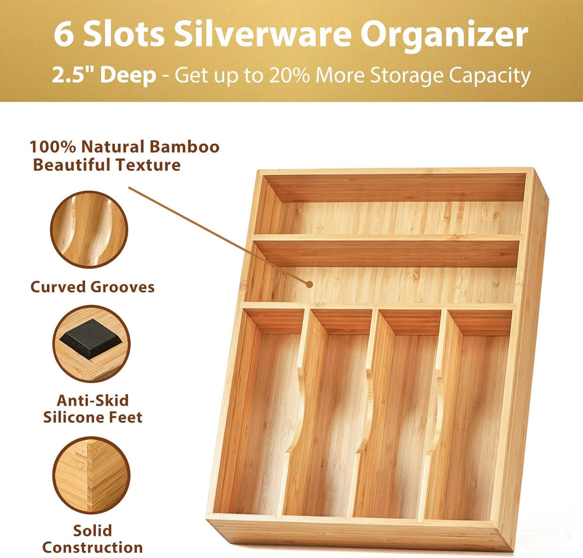 Bamboo Kitchen Drawer Organizer, 13 Inch Silverware Utensil Tray Holder, Extra Deep Grooved Drawer Divider, 7 Slots Total Bamboo Wood Caddy for Flatware Cutlery Knives, Forks, Spoons