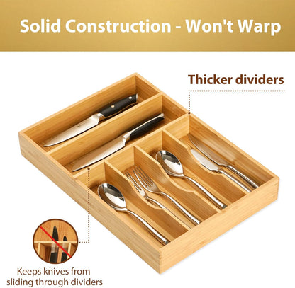 Bamboo Kitchen Drawer Organizer, 13 Inch Silverware Utensil Tray Holder, Extra Deep Grooved Drawer Divider, 7 Slots Total Bamboo Wood Caddy for Flatware Cutlery Knives, Forks, Spoons